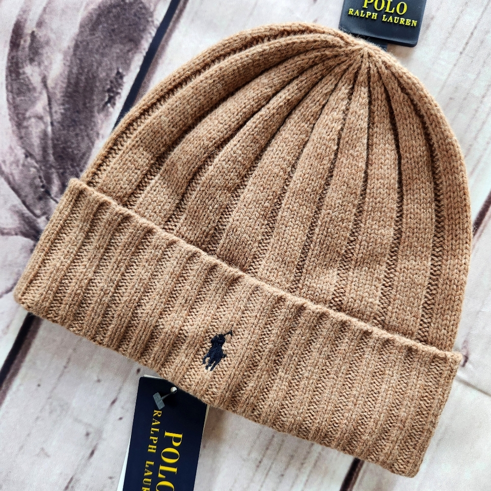 NWT Polo Ralph Lauren Beanie Wool Blend Rib Knit Cuff Pony Logo Tan Unisex - Picture 2 of 5